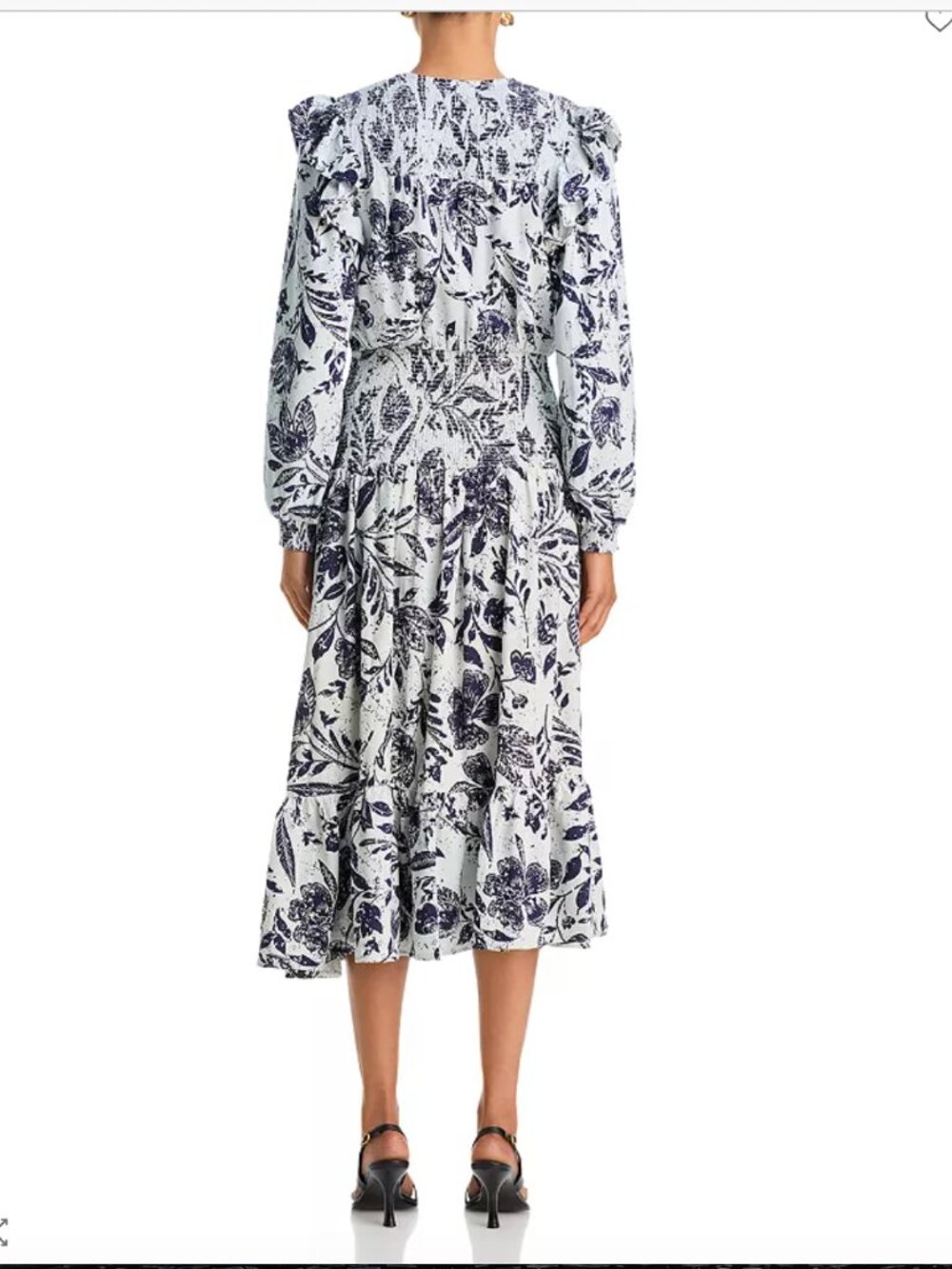 Aqua Smocked Midi Dress - Blue Floral Linen Blend Long Sleeve - Size M NWT - Picture 2 of 7
